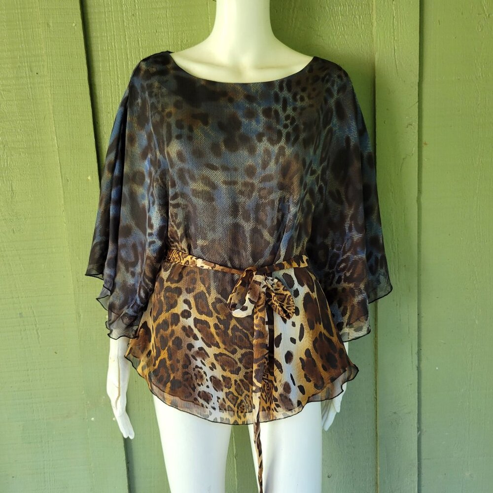 ALBERTO MAKALI Blue Brown Leopard Print Chiffon Tie Top Medium M